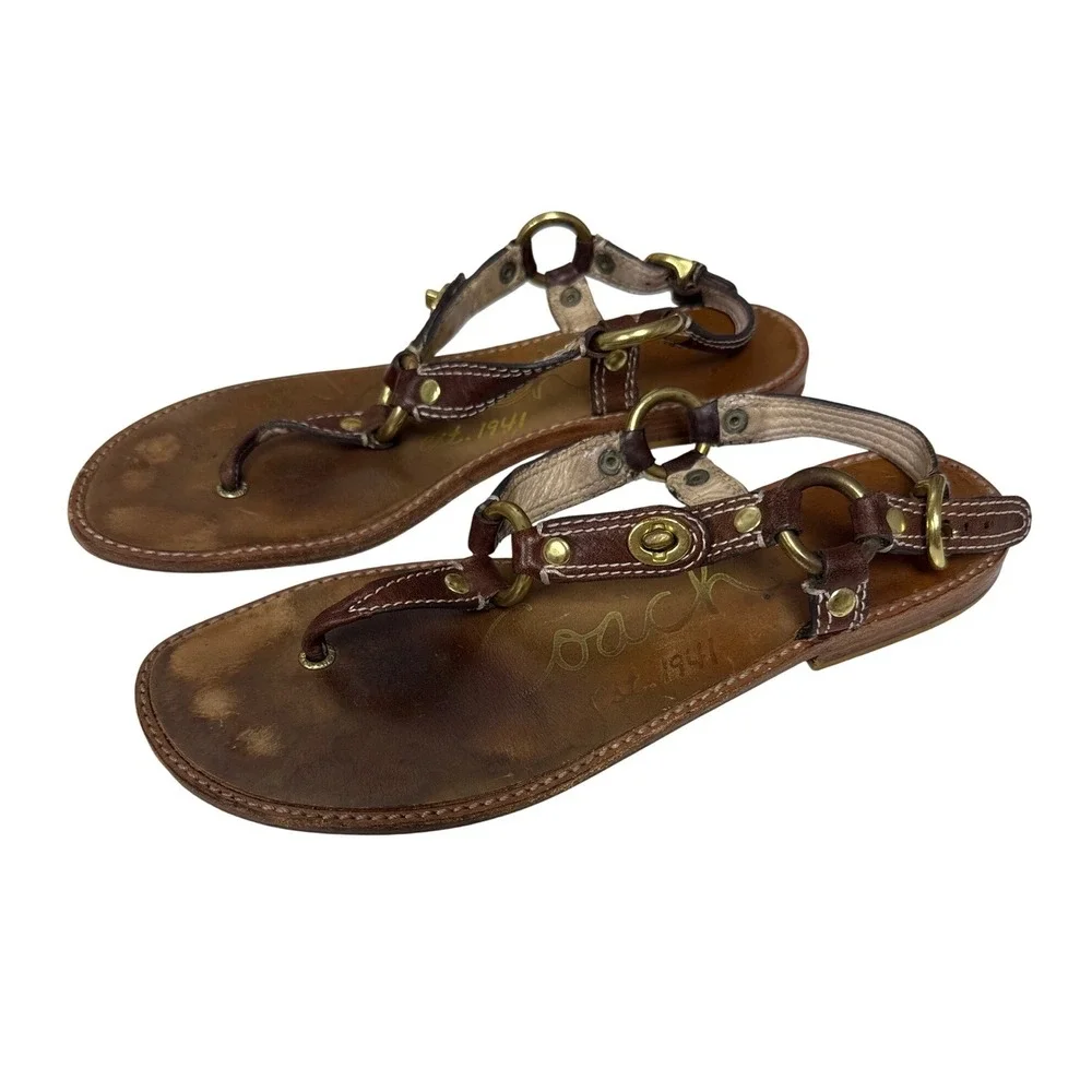 Coach Thong Sandals Women 7.5 Brown Leather Strappy Gladiator Boho Summer Shoes